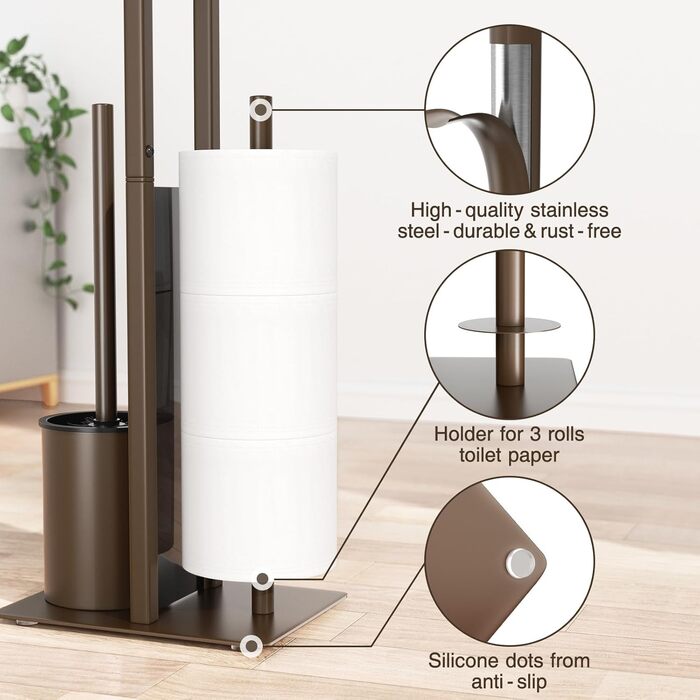 Stainless Steel Toilet Paper Holder with Brush - Freestanding Toilet Paper Roll Holder with Tray & Glass Shelf (Matte Brown)