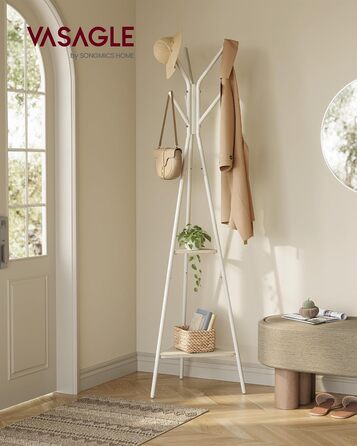 VASAGLE Coat Rack in Tree Shape, Clothes Rack, Freestanding Wardrobe, Industrial Design, with 2 Shelves, for Clothing, Hats, Bags, Vintage Brown-Black RCR16BXV1 (Beige + Pearl White)