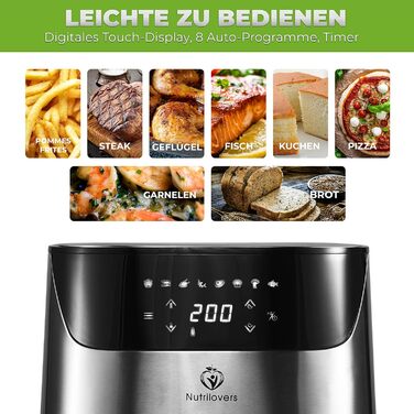 Аерофритюрниця NUTRI-FRYER XXL з нержавіючої сталі, 2000 Вт, 5 л, німецька марка, без масла, тестована, набір для приготування картоплі фрі