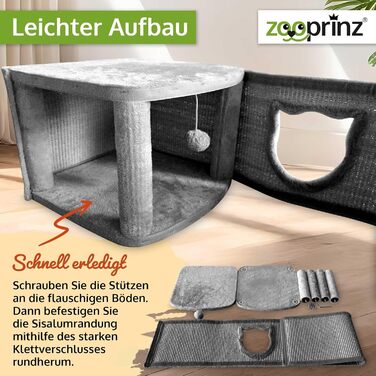 Преміум котячий будиночок Zooprinz – котячий кошик для кота – з товстими сизалевими стінами – печеринка з м'яким плюшем та іграшкою – котячий будиночок у скандинавському стилі (сірий)