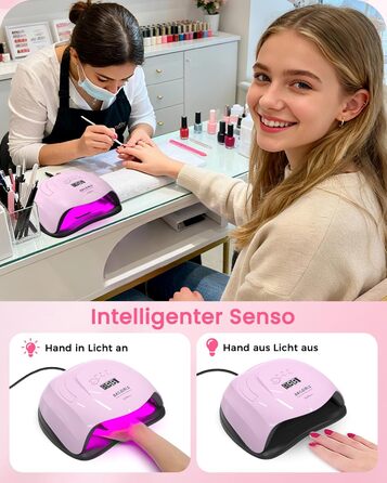 LED UV лампа для нігтів NAILGIRLS 150W з таймером, датчиком, LCD дисплеєм та знімною магнітною платформою. Підходить для гель-лаку, нігтів рук та ніг (Рожевий 268W)