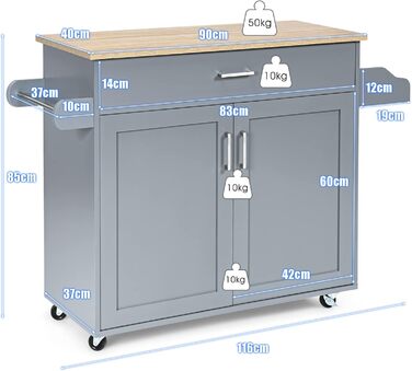 Кухонний візок Giantex на колесах з робочою поверхнею, 116 x 40 x 85 см (білий/сірий)