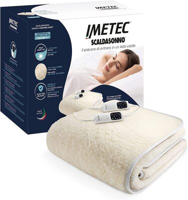Електрична ковдра Imetec Scaldasonno Adapto для односпального ліжка, 150x80 см, низьке енергоспоживання, швидкий нагрів, індивідуальна температура, 100% вовна та мериносова вовна, Made in Italy, антиковзаюча тканина, регулювання з 6 рівнями температури (д
