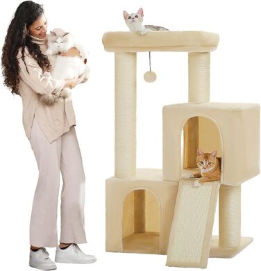 PETEPELA Scratching Post with Dual Condos for Apartment Cats, All-in-One Cat House with Padded Perch, Scratch Ramp and Posts, and Interchangeable Balls (Beige, L 113cm)