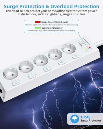 Мережевий фільтр Steckdoseleiste 5-fach з вимикачами, захистом від перенапруги 1050J, для дому та офісу, білий, кабель 2м