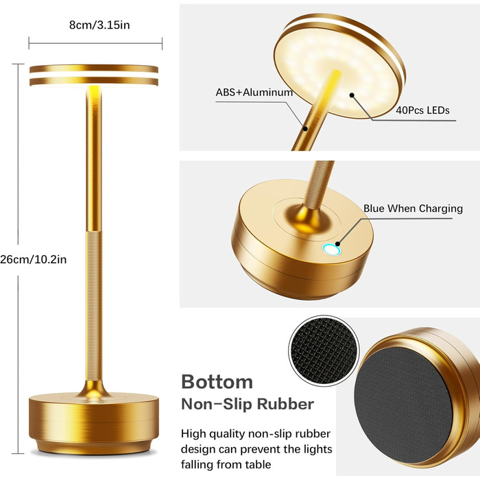 Настільна LED лампа Hapfish акумуляторна бездротова, диммована, 5000mAh, 3 режими світла, водонепроникна IP54 для вулиці, спальні, столу – Золота