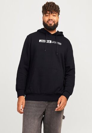 Чоловічий теплий худі з принтом JACK & JONES JJEOGO Basic — чорний, великий розмір (8XL), регулярний крій