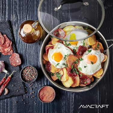 Сковорода AVACRAFT з нержавіючої сталі 18/10 Tri-Ply з кришкою, виливами, зручною ручкою, для індукційних плит, 30 см