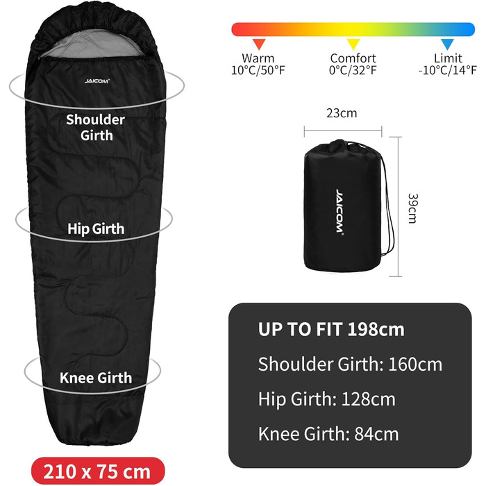Сплячий мішок 3/4 сезонів Ultraleicht Mumienschlafsack (800г/1600г) для дорослих – Outdoor, кемпінг, трекінг, відпочинок в приміщенні (Чорний)
