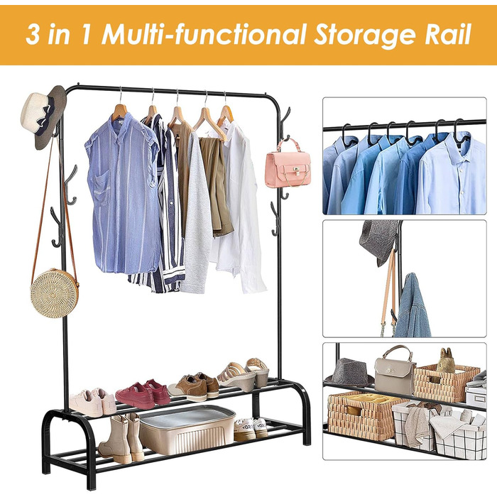 ColdShine Clothes Rack Metal Freestanding Clothes Rack Stable Clothes Rod with Shelf Coat Rack for Coats, Skirts, Shirts, Sweaters, Black