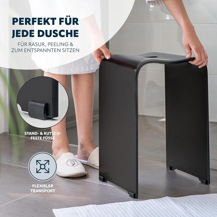 Bremermann Bath Stool, Acrylic Shower Stool, approx. 33 x 27.5 x 48 cm (W/D/H), with handle recess, ergonomically shaped, maximum load capacity 130 kg (matte black)