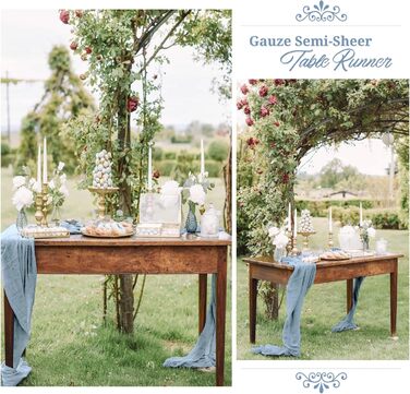 Showgeous 6-Piece Cheesecloth Table Runner Dusty Blue, 90 x 300 cm Table Runner Boho Style Rustic Gauze Fabric Table Decoration for Vintage Wedding, Birthdays, Baby Shower, Holiday Party