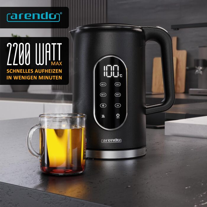 Електричний чайник Arendo з регулюванням температури, нержавіюча сталь, подвійні стінки Cool Touch, дисплей, бездротовий, 2200 Вт, 1.7л, захист від перегріву, функція підтримання тепла, чорний