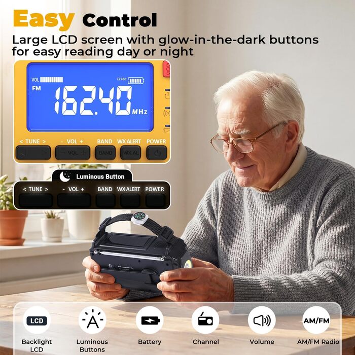 Радіоприймач Esky Kurbelradio з сонячною батареєю, 10000mAh, AM/FM, USB-зарядка, LED-ліхтарик, SOS-сигнал, компас, для кемпінгу та надзвичайних ситуацій, жовтий