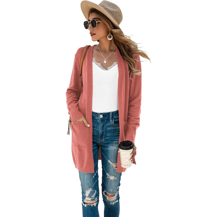 Кардиган жіночий Saodimallsu трикотажний, довгий, легкий, однотонний, з кишенею, темно-рожевий, розмір M