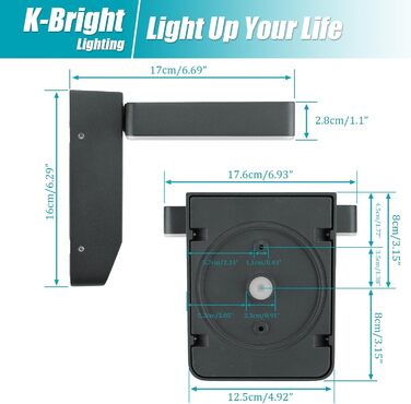 Зовнішнє LED-світильник K-Bright з датчиком руху, вологозахист IP65, для балкона та саду, темно-сірий