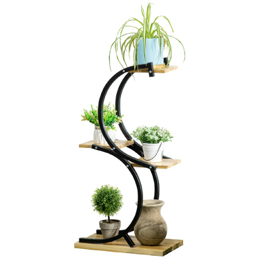 Outsunny Plant Shelf S-Shaped Flower Ladder 4-Tier Plant Stand with Metal Frame and Solid Wood Black 46x25x91cm for Garden & Balcony