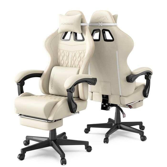Ігрове крісло Ferghana Ergonomic Gaming Chair з підставкою для ніг, подушками під поперек та голову, оббивка з екошкіри PU, біле