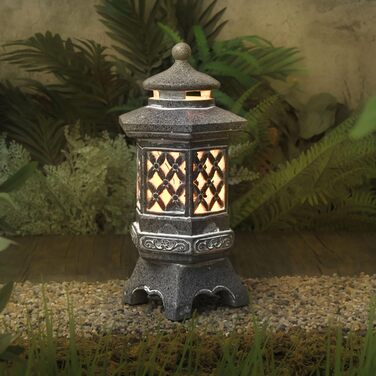 TERESA'S COLLECTIONS Outdoor Garden Decor Japanese Stone Lantern Pagoda Statue Solar Light Resin Garden Figure Zen Garden Decor for Outdoors Patio Yard Gifts for Women