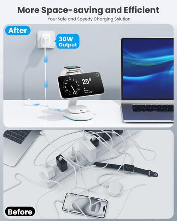 Бездротова зарядка 3-в-1 з MagSafe, USB-C та нічним світлом для iPhone 16/15/14/13/12, Apple Watch та AirPods (біла)