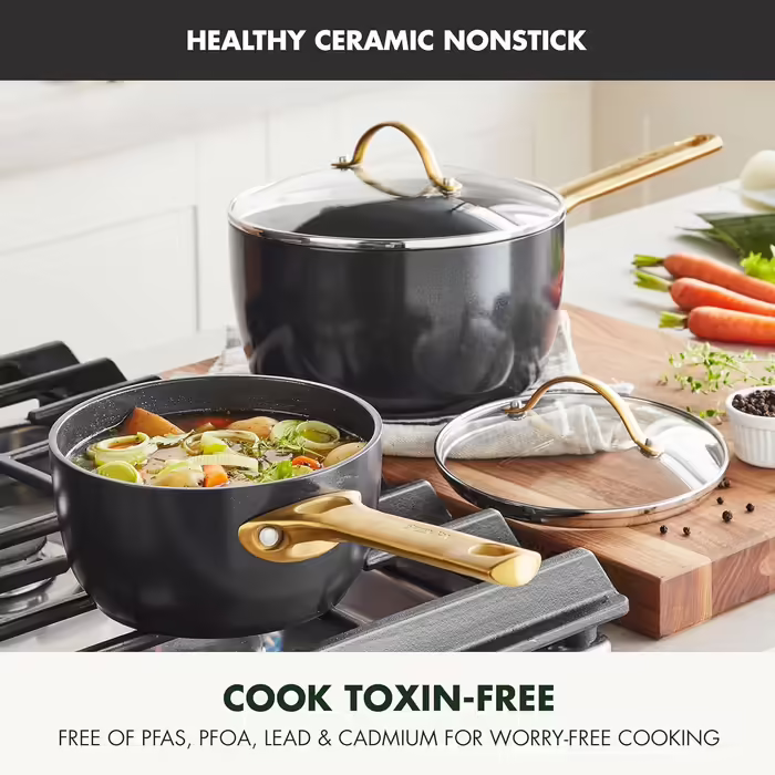 GreenPan Reserve Hartelox Ceramic Non-Stick Coating Cookware Set, 1.5QT and 3QT Saucepan Set with Lid, Gold-Colored Handle, PFAS-Free, Dishwasher Safe, Oven Safe, Black 4 Piece Set Black