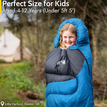 Дитячий спальний мішок Trail Mumienschlafsack 3 сезони для кемпінгу – 300gsm – для хлопчиків та дівчаток – з легким рюкзаком (Блакитний)