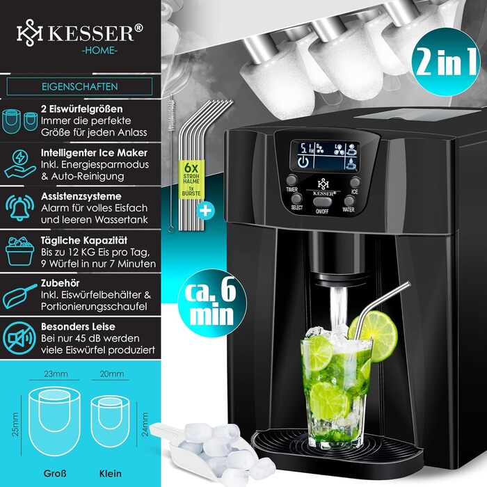 Машина для приготування льоду KESSER® з нержавіючої сталі, 100W, 12 кг/24 год, 2 розміри кубиків, 6 хв приготування, 2 л резервуар, таймер, LCD-дисплей, чорний