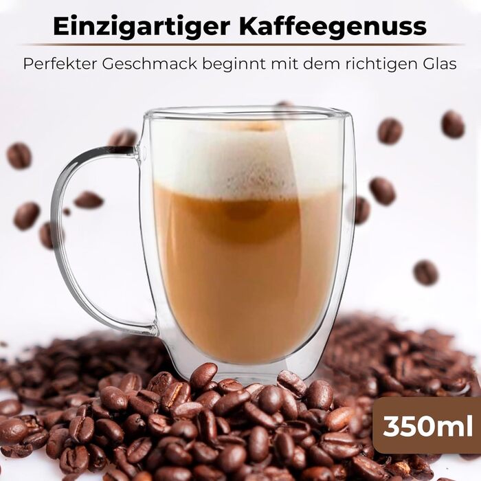 Набір склянок для лате макіато Zobel 350 мл (4 шт.) з ручкою, подвійні стінки, боросилікатне скло, з підставками та ложками, для посудомийної машини, термостійкі