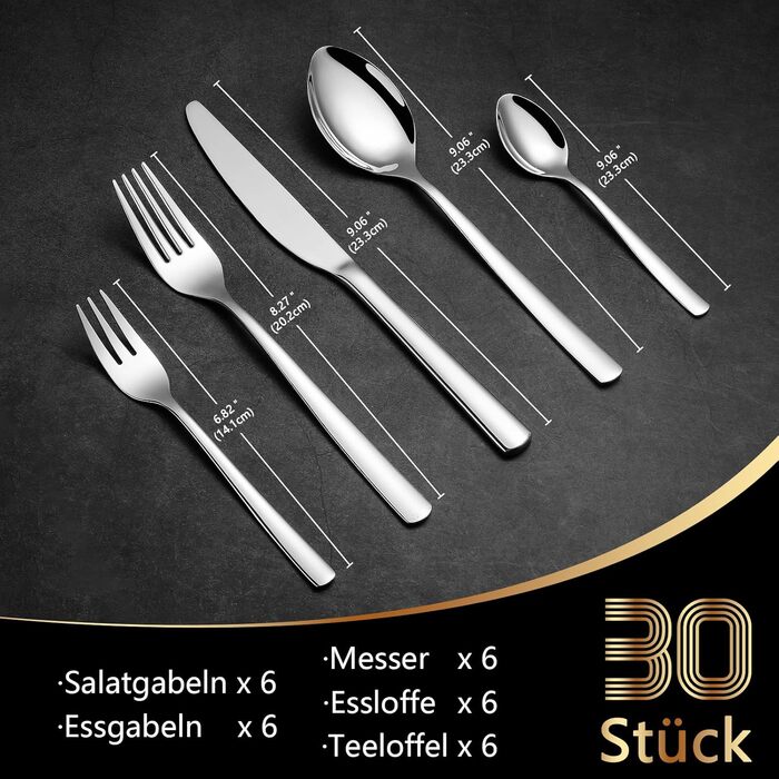 Opolia 30-Piece Shiny Cutlery Set, Suitable for 6 People, High-Quality Stainless Steel Cutlery Set with Knives, Forks, and Spoons, Can Be Used at Home & Party & Hotel & Restaurant, Dishwasher Safe