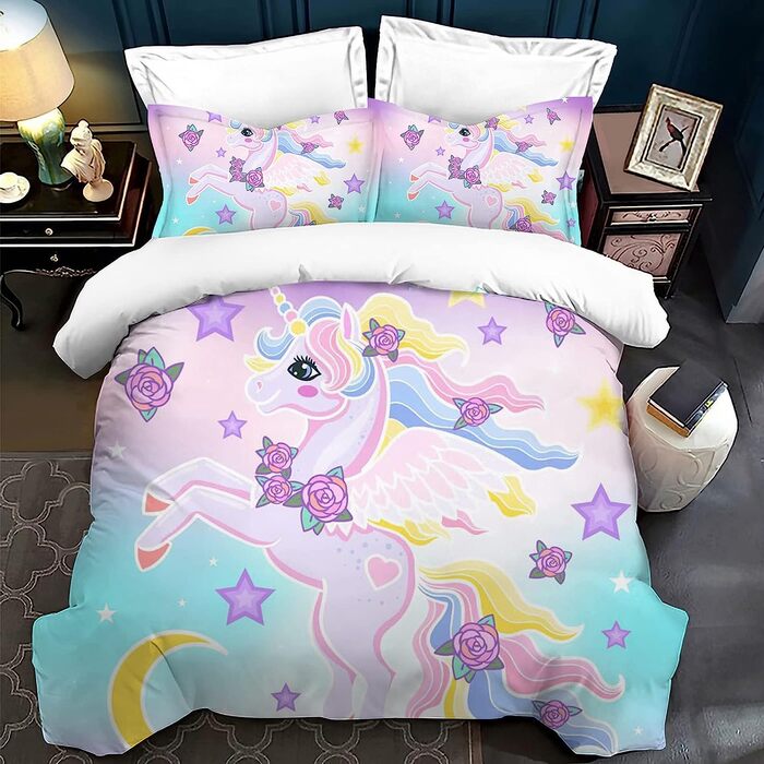 LLTTEER Unicorn Bedding Set for Kids Girls, 3D Printed Unicorn Cartoon Bedspread, Soft Microfiber Bedspread with 2 Pillowcases 50x75cm for Girls (Unicorn 04, 200 x 200 cm)