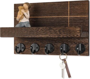 Wall-Mounted Key Holder – 24.9 x 17 x 10.7 cm, Decorative Wall Shelf with Hooks for Keychains, Dog Leash, Wallet, Purse – Real Paulownia Wood, Entryway Shelf for
