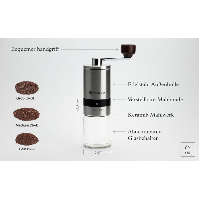 VIENESSA Coffee Grinder Manual/Hand with Ceramic Burr | manual coffee and espresso grinder with 6 grind settings | hand coffee grinder made of stainless steel and glass container + E-Book (silver)