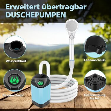 Набір для кемпінгу Campingdusche з насосом, акумулятором 7800mAh та індикатором заряду, душовий набір для кемпінгу, саду, миття авто, пляжу та тварин