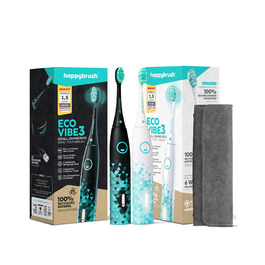 Електрична зубна щітка happybrush® Eco VIBE 3 | Подвійний набір + чохол для подорожей | Чорний/М'ятний та Білий/М'ятний | 6 тижнів роботи від акумулятора