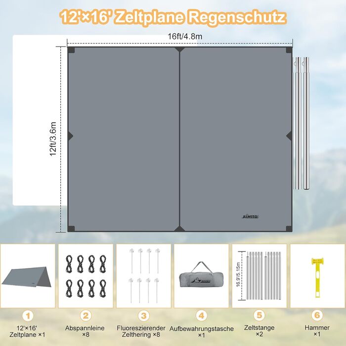 Тент для кемпінгу WADEO, 4x3 м, водонепроникний, з кілочками та стяжками, для пікніків та відпочинку на природі - Хакі (3,6м x 4,8м, Сірий)