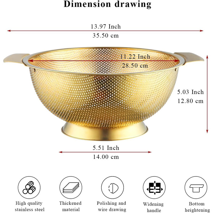 Ситечко Kyraton Gold Colander 5 Quart: професійне нержавіюче сито з покриттям з титану та золота, міцні ручки та основа для самостійного зливу, легко миється, підходить для миття в посудомийній машині