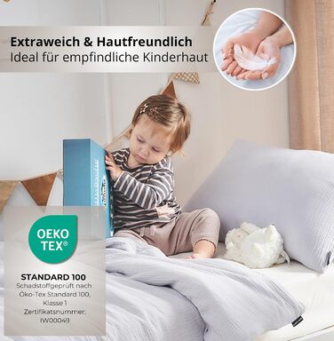 Набір постільної білизни для дитячого ліжечка Kinderbettwäsche: 2 шт. (100x135 см, 40x60 см) | Органічна бавовна, сертифікат ÖkoTex, для алергіків | Набір постільної білизни з мусліну для дітей | Сірий колір