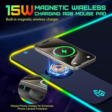 Ігровий килимок для миші RGB з бездротовою зарядкою Qi 15W, 800x350x4мм, 10 режимів підсвічування, швидка зарядка 10W для iPhone та навушників, водонепроникний, протиковзаючий (Чорний-Max)