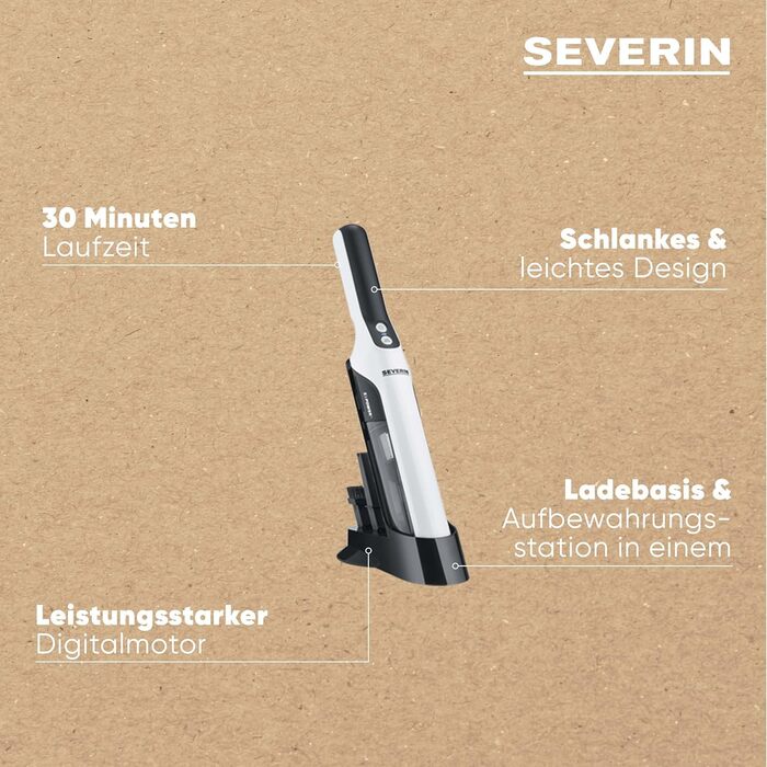 Акумуляторний ручний пилосос Severin 4-в-1 для авто, тварин, вологи, біло-сірий HV 7146 (з док-станцією)