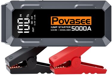 Портативний пусковий пристрій Povasee Starthilfe Powerbank для автомобілів 12V (до 10л бензину/8л дизеля) з LED, USB, 5000A, LCD дисплеєм