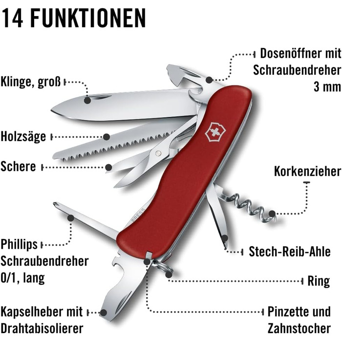 Мультитул Victorinox Outrider: Швейцарський ніж, 14 функцій, фіксаційне лезо, викрутка (червоний)