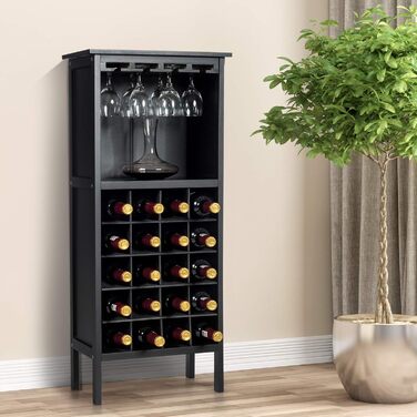 RELAX4LIFE Wine Rack Pine Wood, Wine Cabinet with Wine Glass Holder, Wine Holder for 20 Bottles, Wine Stand for Kitchen, Bottle Shelf for Wine & Drinks, Large Storage 42 x 24.5 x 96 cm (Black)