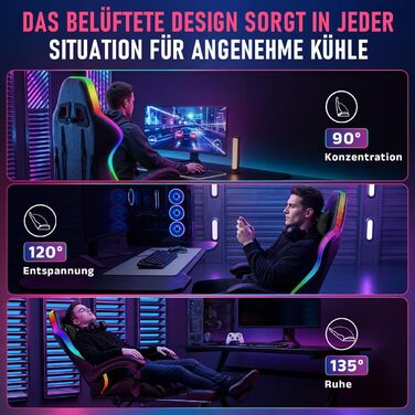 Геймерське крісло Bigzzia з масажем та підставкою для ніг, чорне з LED підсвіткою. Ергономічне крісло для ігор з регульованою спинкою (90-135°), подушкою для попереку та голови.