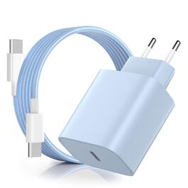 Зарядний пристрій USB-C 20W для iPhone 17/16/15 Pro/Plus, кабель Type-C 2м, PD3.0 - блакитний