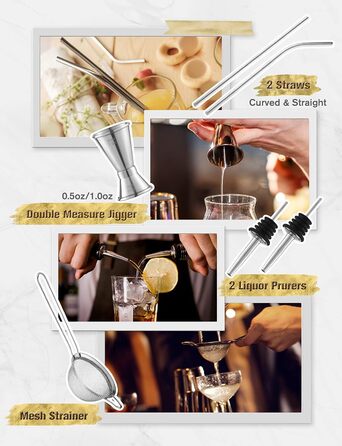 Набір для коктейлів YISSVIC 22 частини: шейкер, мірні склянки, ложка, наливник, підставка з бамбука. Подарунок для професіоналів та початківців