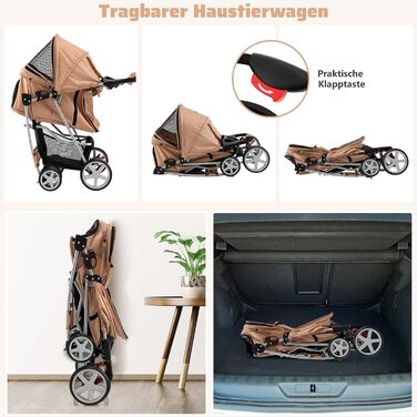 Візок для собак SOARS, до 15 кг, складаний, з сітковими віконцями, тримачем для напоїв та кошиком для зберігання, візок для домашніх тварин для маленьких тварин (Бежевий)