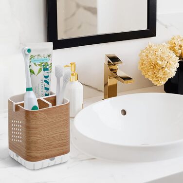 Тримач для електричної зубної щітки з підставкою для насадок, органайзер для ванної кімнати, стаканчик для зубної пасти, знімний тримач для зубних щіток з отвором для зливу (дерев'яна текстура)