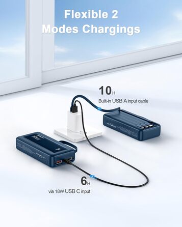 Повербанк 27000mAh з 4 вбудованими кабелями та LED-дисплеєм, швидка зарядка 30W USB-C для iPhone, Samsung, iPad та Android смартфонів (Темно-синій)