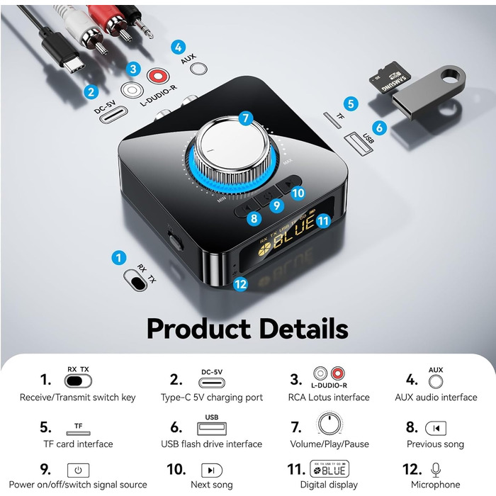 Bluetooth аудіоприймач GlasFlength: HiFi стереосистема з низькою затримкою, Aux 3.5mm RCA, для TV/Лауншпекерів/ПК