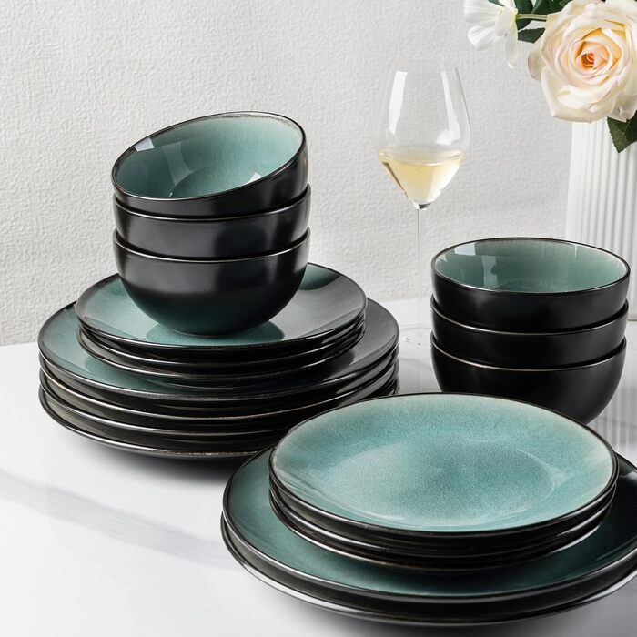 Набір посуду GBhome з каменю, 18 предметів, ручна робота, для 6 осіб, мікрохвильова та посудомийна машини, набір тарілок та мисок, Petrol